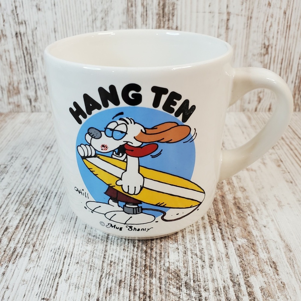 Vintage Mug Shanty Coffee Mug Dog Surfer Hang Ten Tea Cup signed Cahill